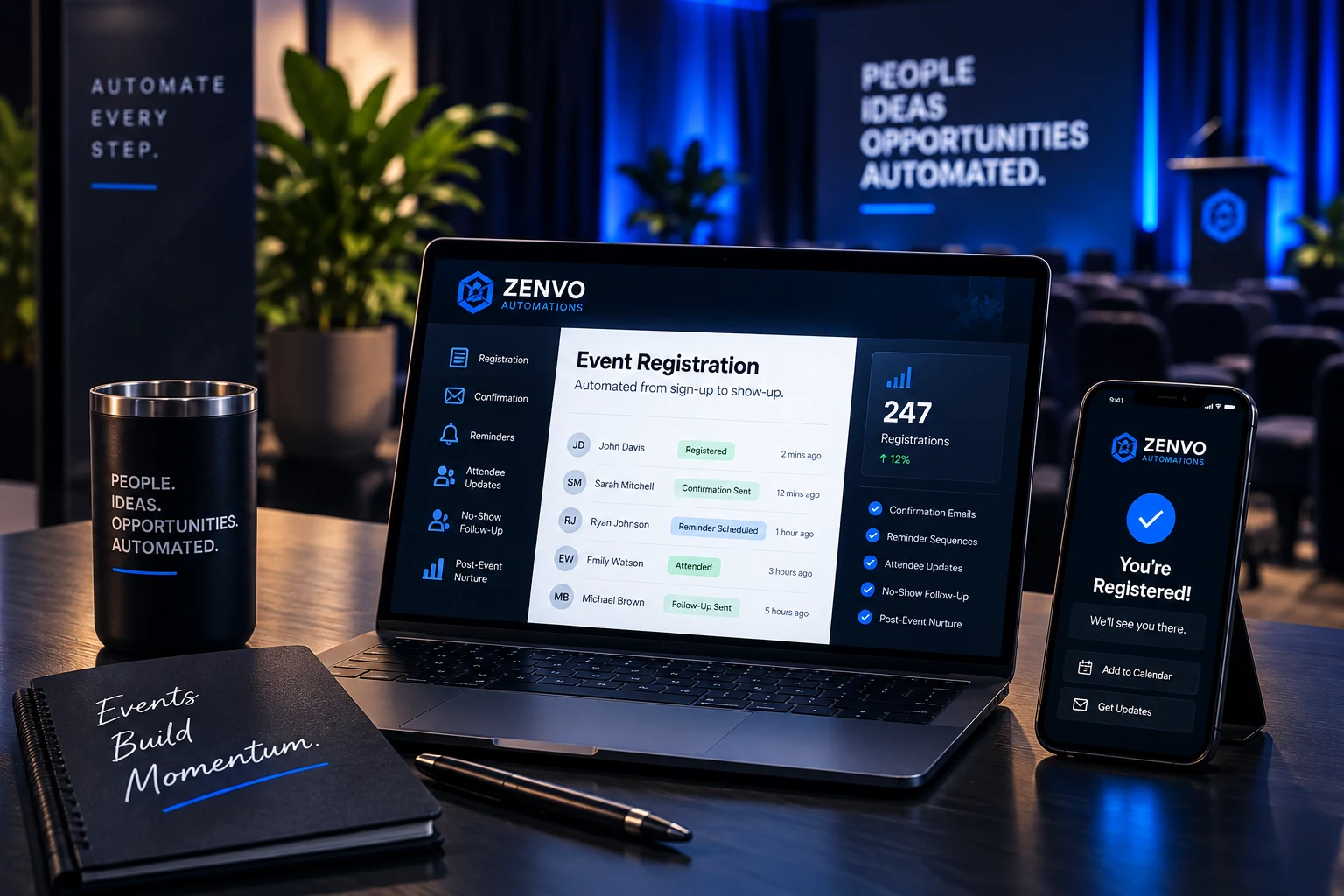 Event & Ticketing Automation Event registration automation dashboard showing confirmations, reminders, attendee updates, no-show follow-up and post-event communication