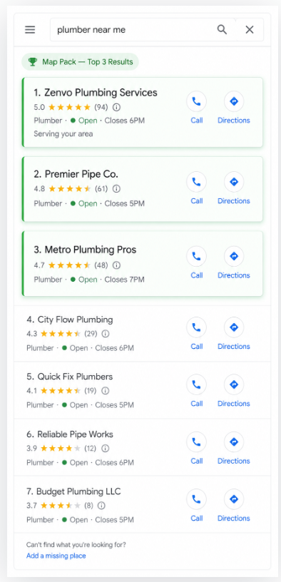 Google Maps map pack top 3 results