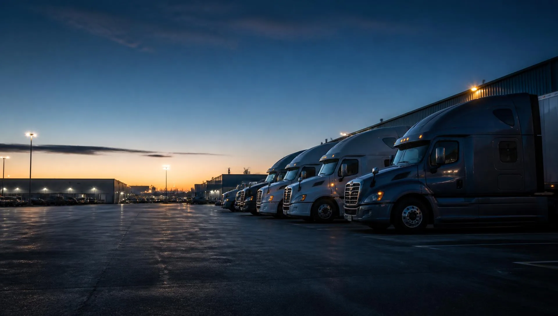 Truck Driver Recruiting Systems Truck fleet at a terminal representing driver recruiting operations for trucking companies